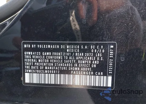 2020 Volkswagen Jetta S/Se/R-Line z USA, uszkodzony, nr VIN 3VWC57BU2LM098812